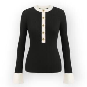 Black White Contrast Ribbed Knit Sweater SheShow XL Button Detail Minimal Chic